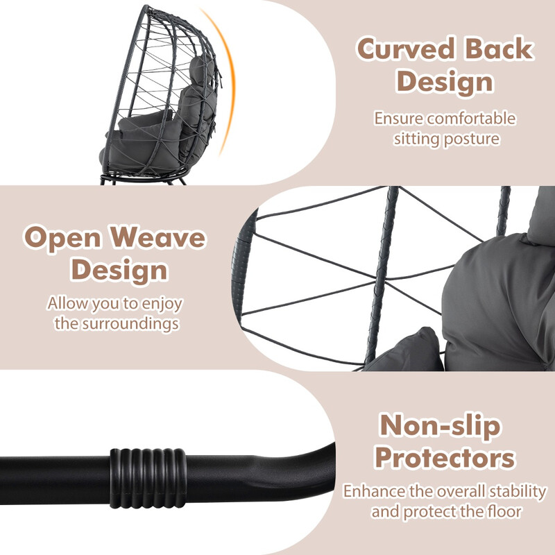 Rottingsfåtölj med avtagbar kudde och metallram, överdimensionerad loungesoffa i grått