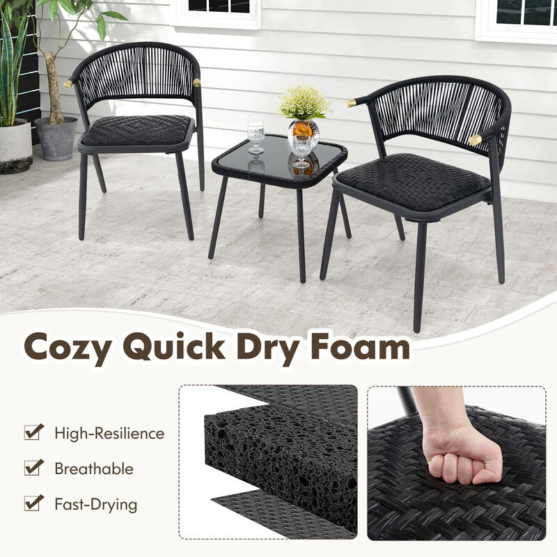 Rottingset för balkong med 2 stolar och bord i brun nyans