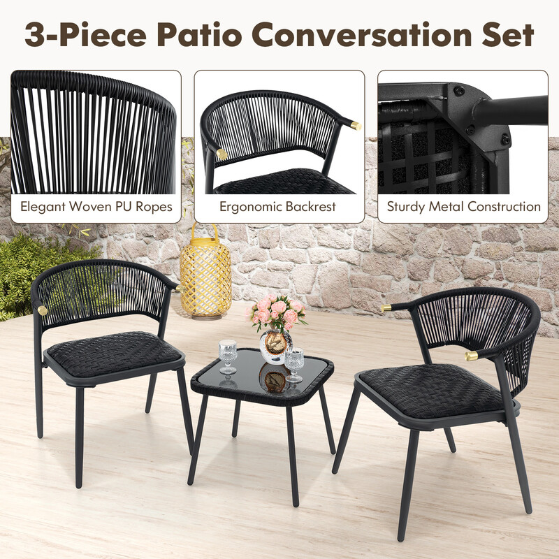 Rottingset för balkong med 2 stolar och bord i brun nyans