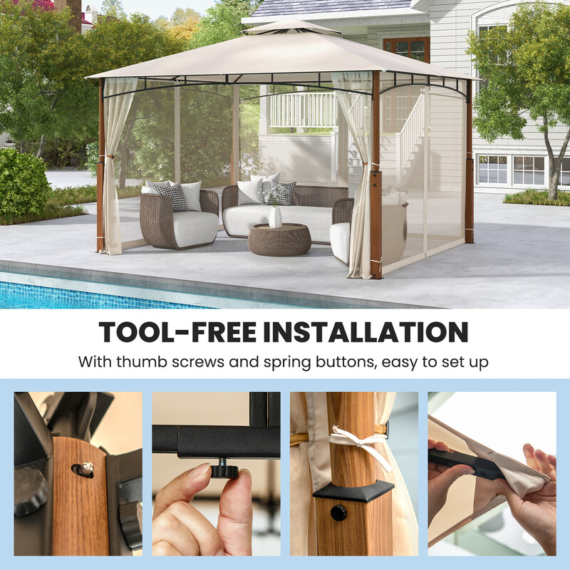 Paviljong 3,6 x 3 m med dubbeltak och myggnät för trädgård, vattentätt partytält