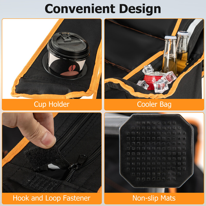 Campingstol med avtagbart fotstöd, mugghållare och kylväska för utomhusaktiviteter