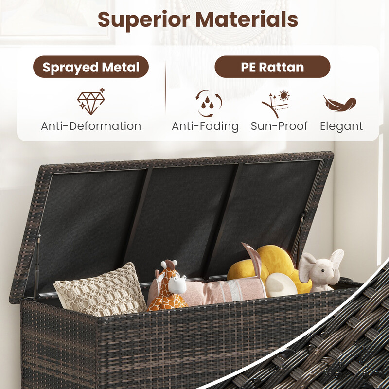 Förvaringslåda i brun rotting med hjul och 320L kapacitet för utomhusbruk