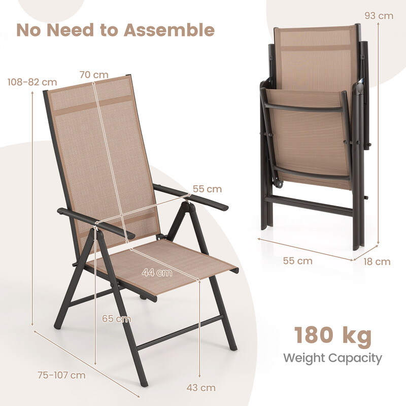 Trädgårdsstol med 7-stegs justerbart ryggstöd, vikbar och hållbar, brun, 180 kg kapacitet