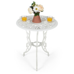 Tredelat balkongset i gjuten aluminium och gjutjärn med bord och två stolar, patinafärg