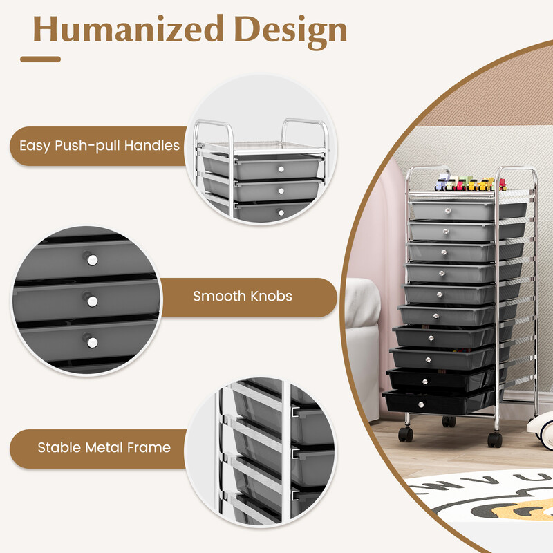 Rullvagn med 10 stapelbara lådor för badrum, kontor eller skönhetssalong