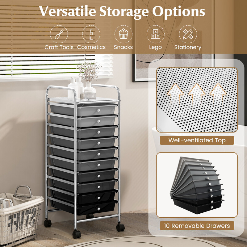 Rullvagn med 10 stapelbara lådor för badrum, kontor eller skönhetssalong