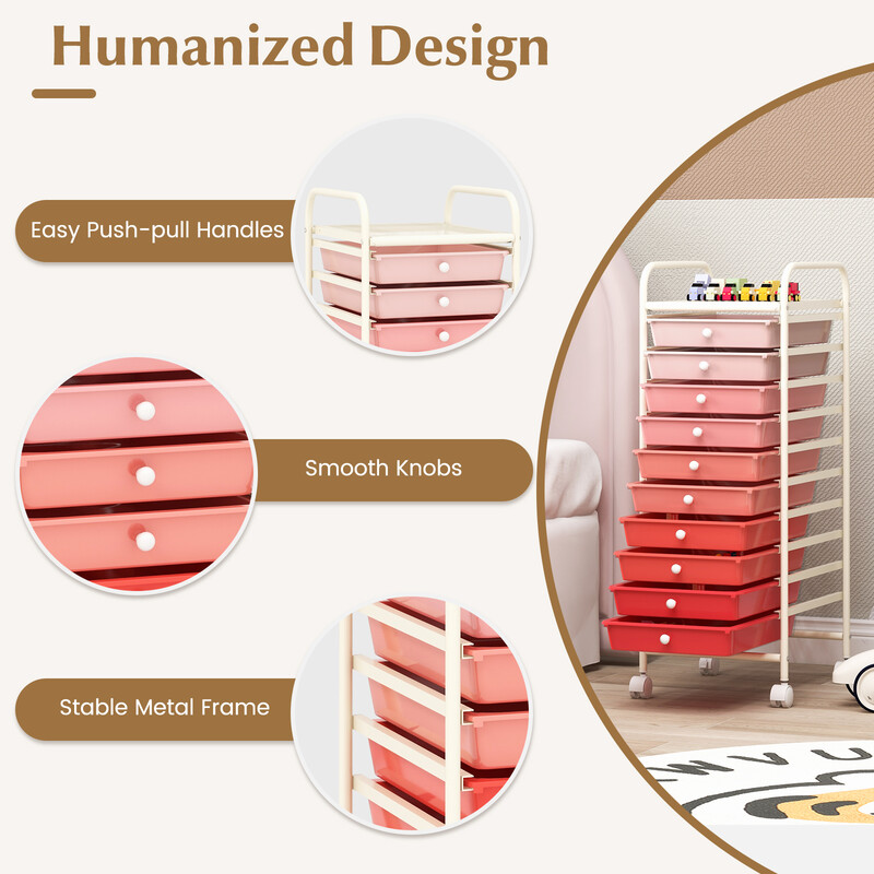 Rullvagn med 10 stapelbara lådor för badrum och kontor rosa