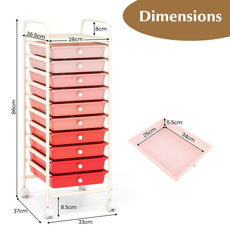 Rullvagn med 10 stapelbara lådor för badrum och kontor rosa