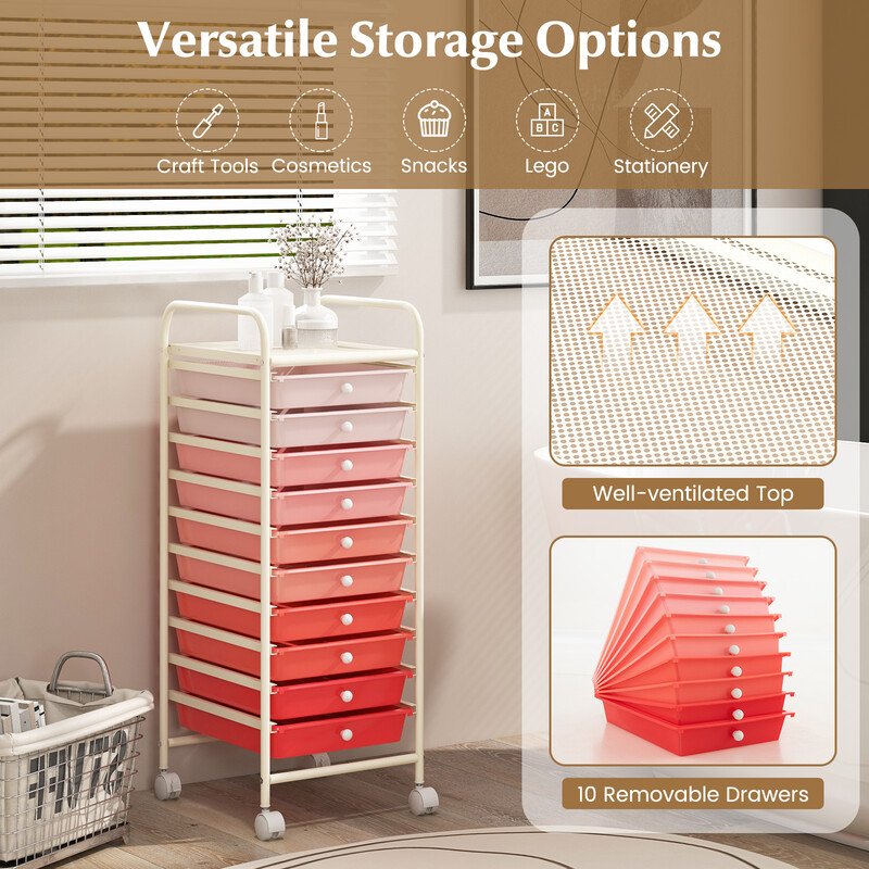 Rullvagn med 10 stapelbara lådor för badrum och kontor rosa