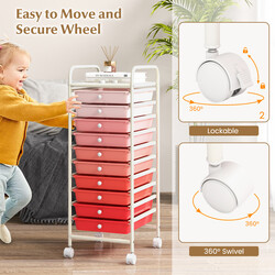 Rullvagn med 10 stapelbara lådor för badrum och kontor rosa