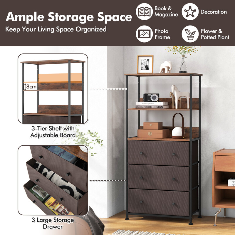 Bokhylla med 3 lådor och öppna hyllor för praktisk förvaring och organisering