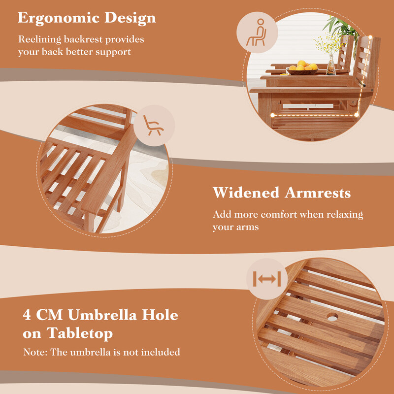 Trämöbelgrupp med kaffebord och parasollhål för terrass och trädgård