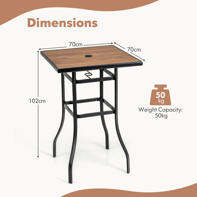 Kvadratiskt balkongbord i träimitation med parasollhål för utomhusbruk
