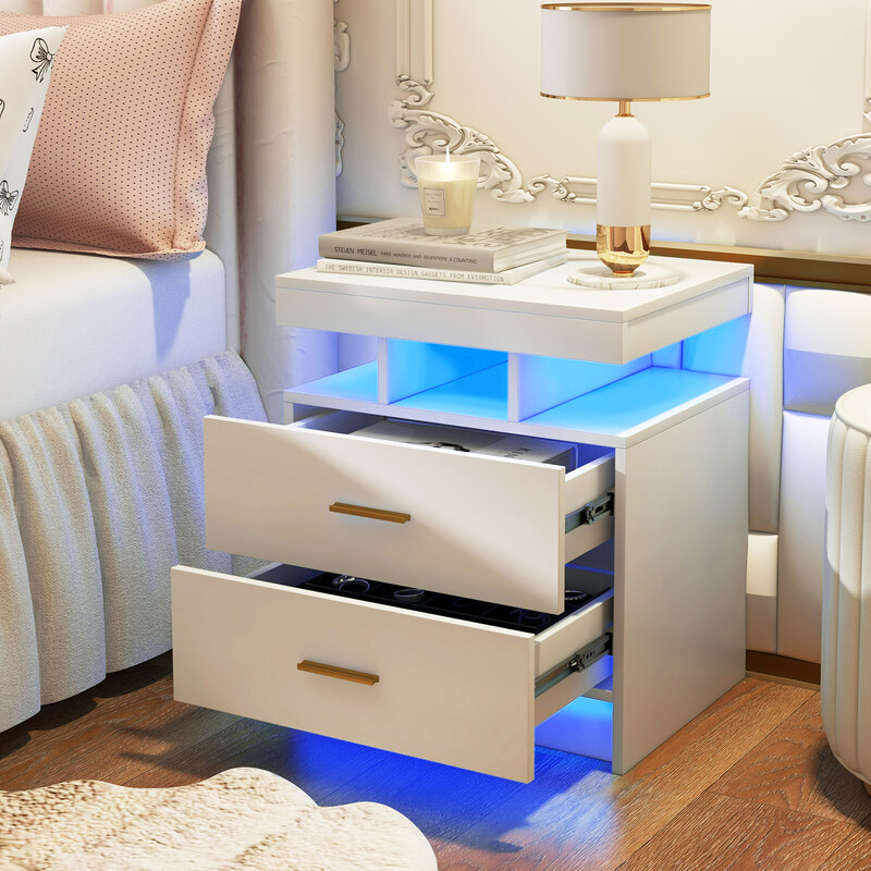 Sängbord med LED-belysning och två lådor i vit högblank design