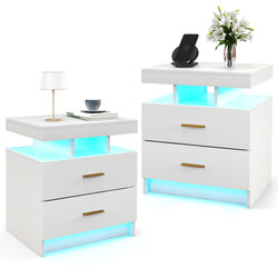 Sängbord med LED-belysning och två lådor i vit högblank design