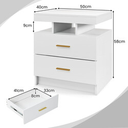 Sängbord med LED-belysning och två lådor i vit högblank design