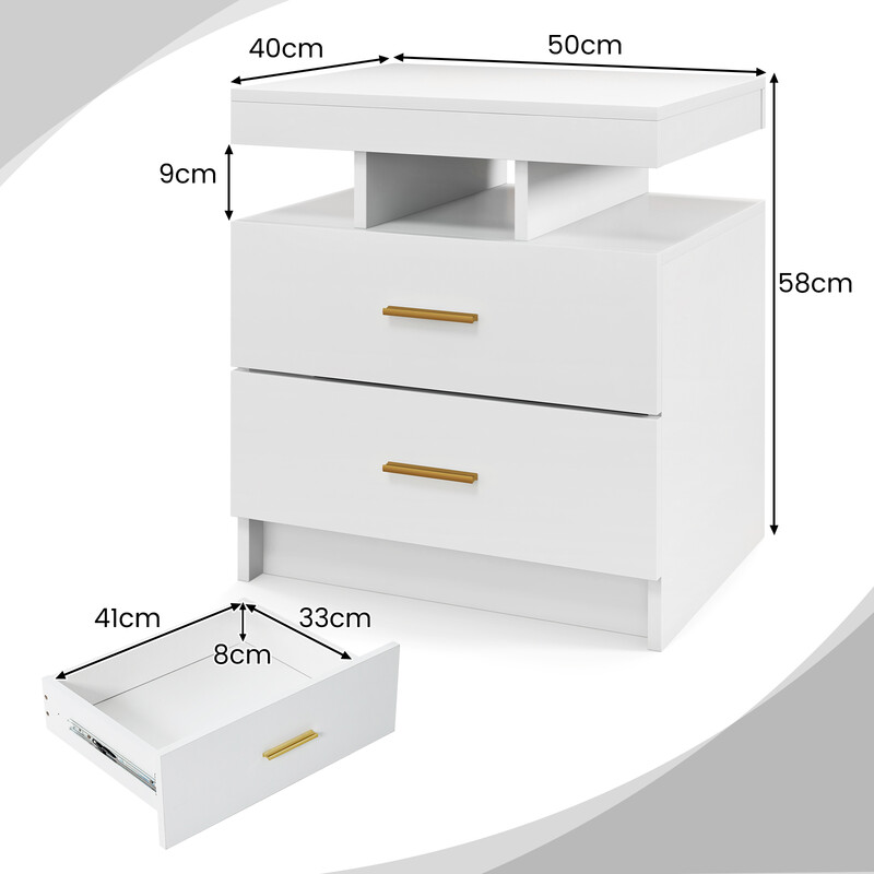 Sängbord med LED-belysning och två lådor i vit högblank design