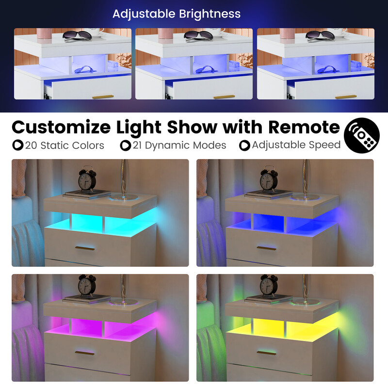 Sängbord med LED-belysning och två lådor i vit högblank design