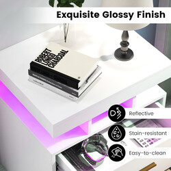 Sängbord med LED-belysning och två lådor i vit högblank design