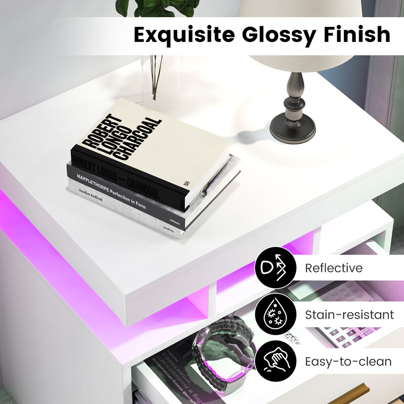 Sängbord med LED-belysning och två lådor i vit högblank design