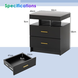 Sängbord med LED-belysning och två lådor i vit högblank design 50 x 40 x 58 cm