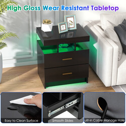 Sängbord med LED-belysning och två lådor i vit högblank design 50 x 40 x 58 cm