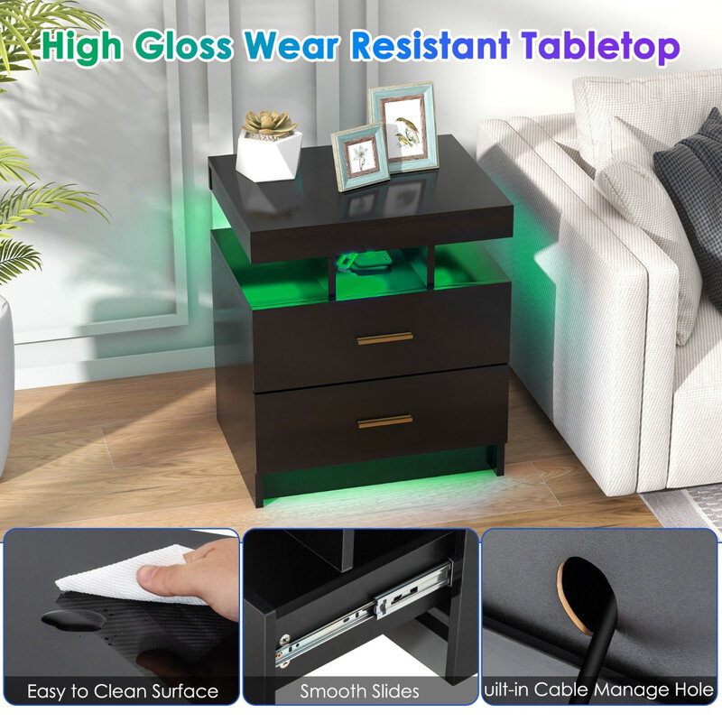 Sängbord med LED-belysning och två lådor i vit högblank design 50 x 40 x 58 cm