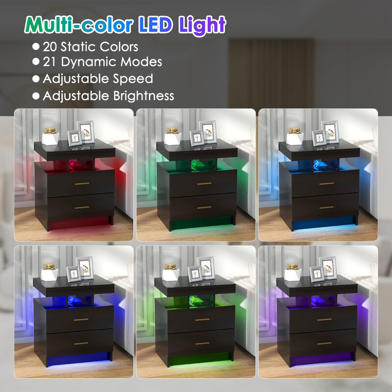 Sängbord med LED-belysning och två lådor i vit högblank design 50 x 40 x 58 cm