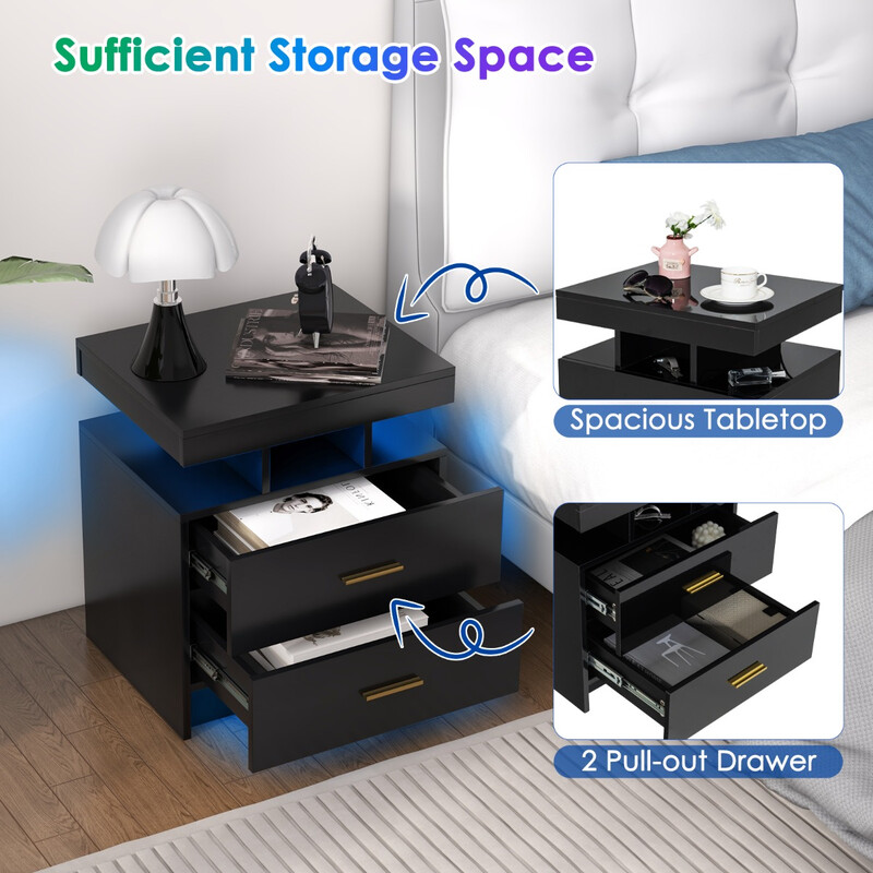 Sängbord med LED-belysning och två lådor i vit högblank design 50 x 40 x 58 cm