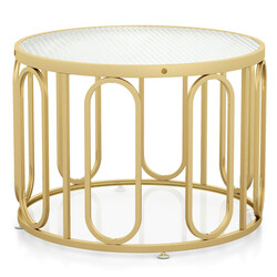 Runt soffbord med två glasnivåer och guldmetallram för elegant förvaring