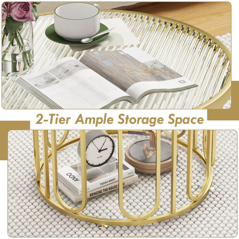 Runt soffbord med två glasnivåer och guldmetallram för elegant förvaring