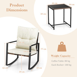 3-delat trädgårdsmöbelset med kuddar, 2 gungstolar och bord för balkong