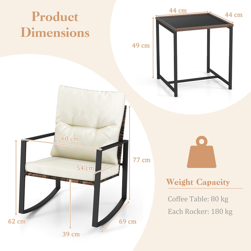 3-delat trädgårdsmöbelset med kuddar, 2 gungstolar och bord för balkong