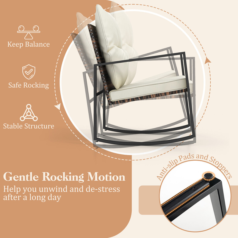 3-delat trädgårdsmöbelset med kuddar, 2 gungstolar och bord för balkong