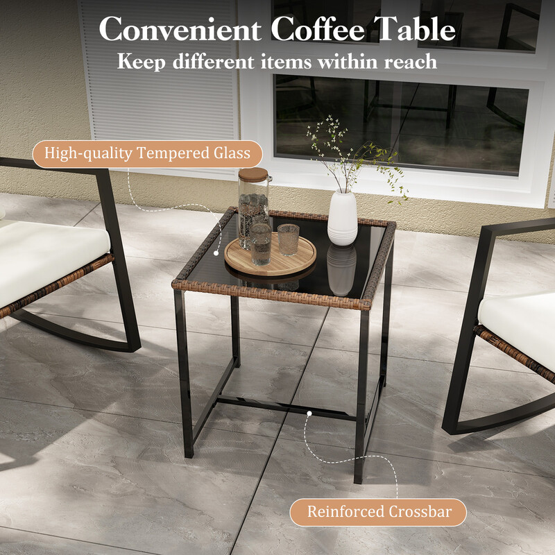 3-delat trädgårdsmöbelset med kuddar, 2 gungstolar och bord för balkong