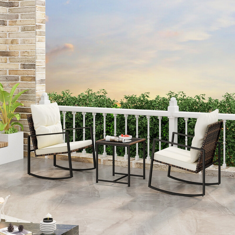 3-delat trädgårdsmöbelset med kuddar, 2 gungstolar och bord för balkong