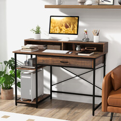 Skrivbord med låda och monitorstativ, två hyllor, metallram, 120 x 56 x 90,5 cm