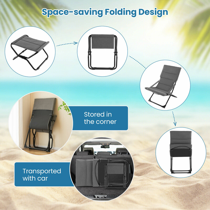 Hopfällbar terrassstol med fotpall och avtagbara kuddar för utomhusbruk i grå färg