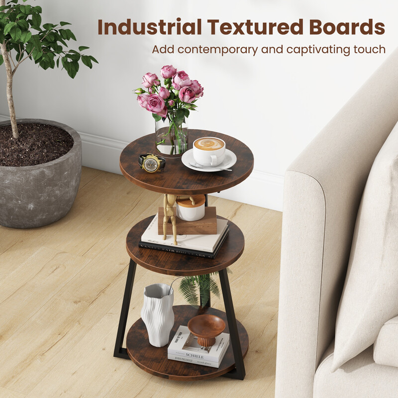 Runt sidobord med metallram och justerbara fotdynor för mångsidig förvaring