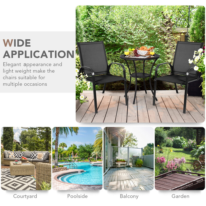 2-pack trädgårdsstolar med böjda armstöd och förstärkt metallram för utomhusbruk svart