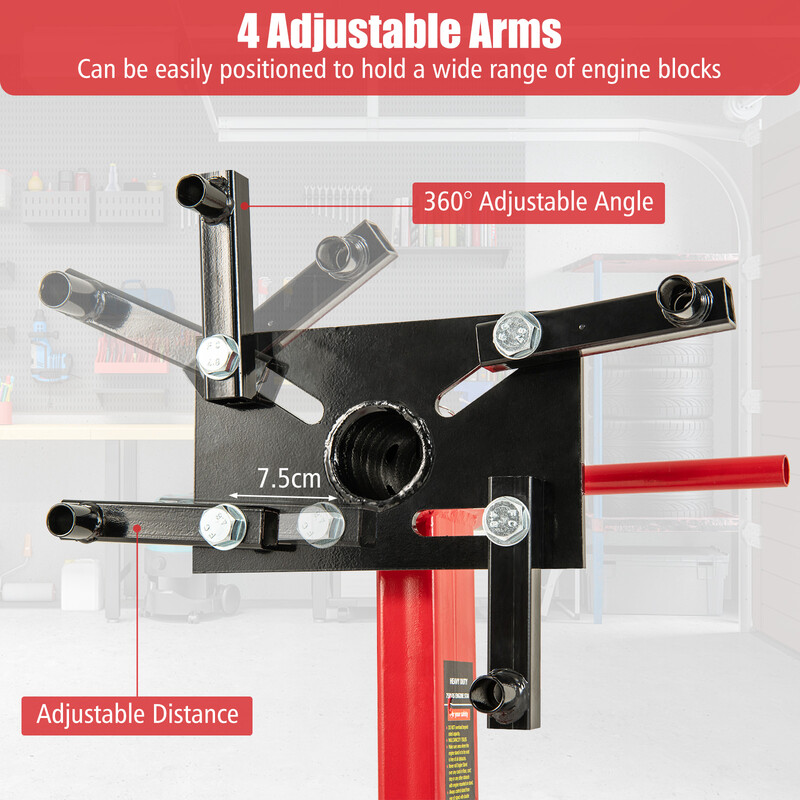Motorstativ 680 kg med 360° rotation och justerbara armar för motorunderhåll