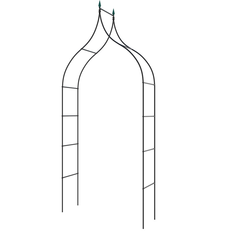 Metallisk trädgårdsbåge i gotisk stil med rosengaller för utomhusbruk