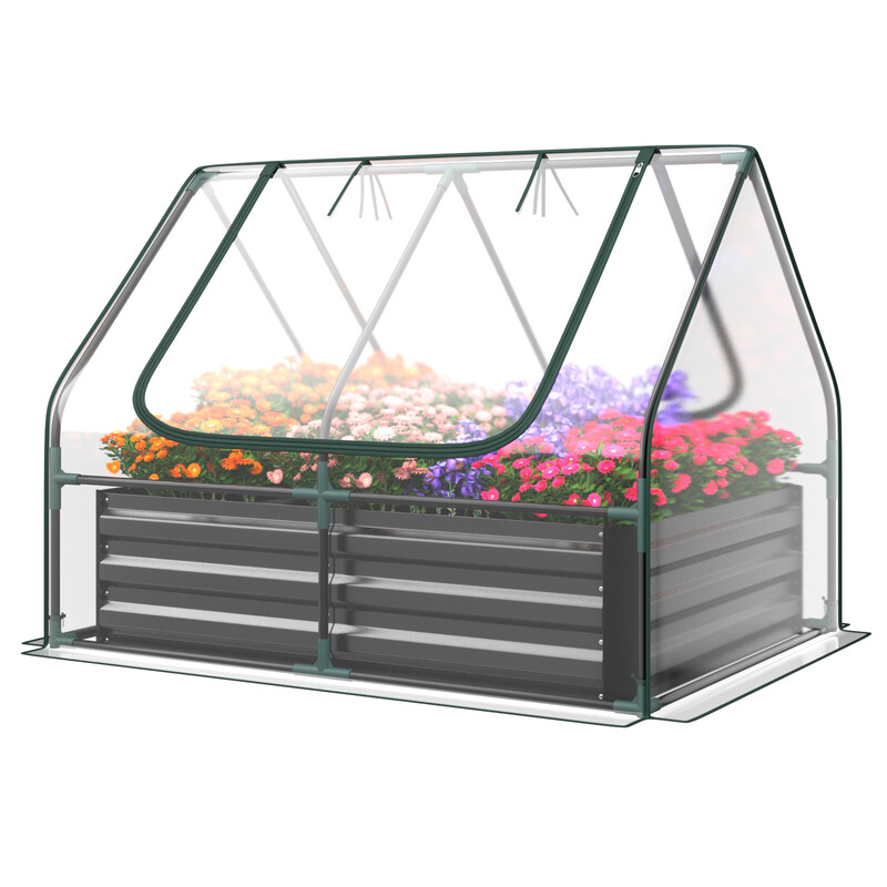 3-i-1 växthus med odlingslåda och PVC-överdrag, silver, 129 x 97 x 96 cm