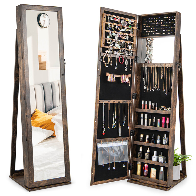 Smyckeskåp med helkroppsspegel och inbyggd make-up-spegel i elegant brun design