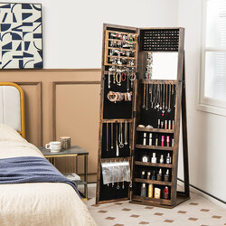 Smyckeskåp med helkroppsspegel och inbyggd make-up-spegel i elegant brun design