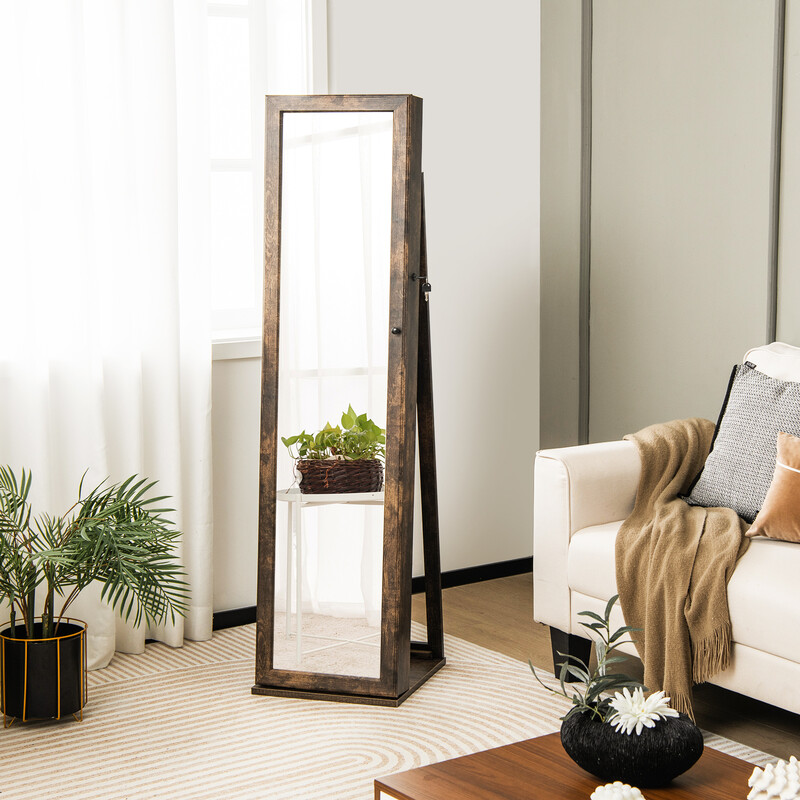 Smyckeskåp med helkroppsspegel och inbyggd make-up-spegel i elegant brun design