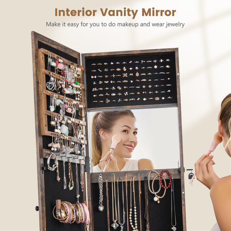 Smyckeskåp med helkroppsspegel och inbyggd make-up-spegel i elegant brun design