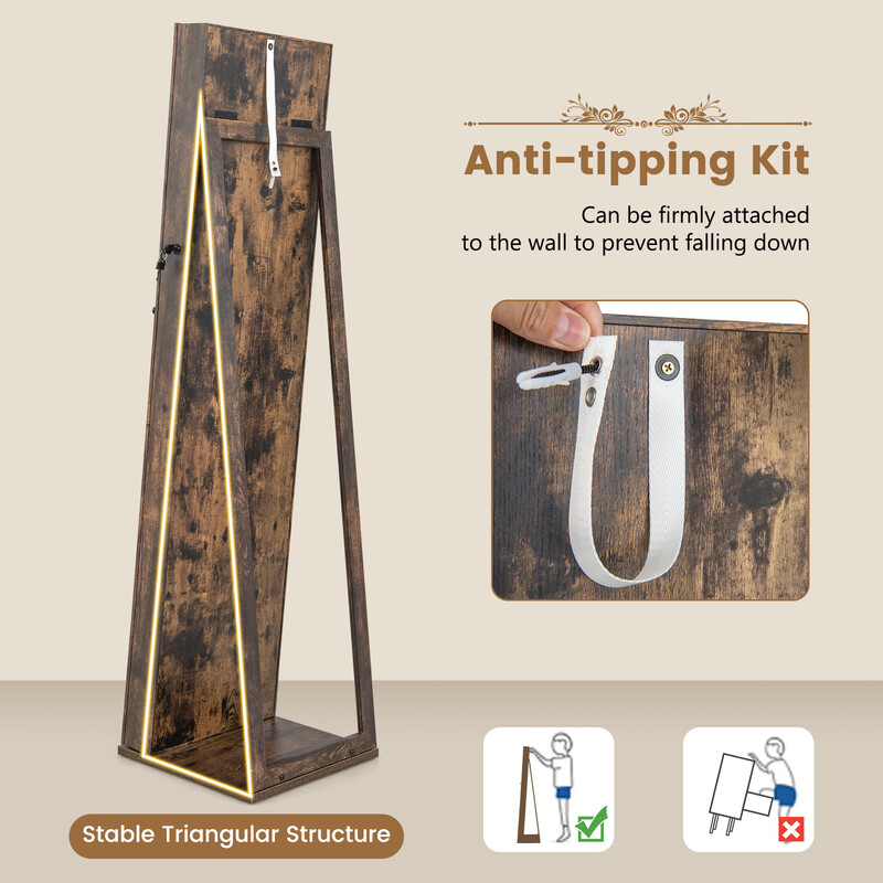 Smyckeskåp med helkroppsspegel och inbyggd make-up-spegel i elegant brun design