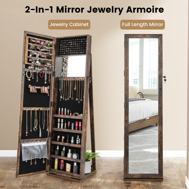 Smyckeskåp med helkroppsspegel och inbyggd make-up-spegel i elegant brun design