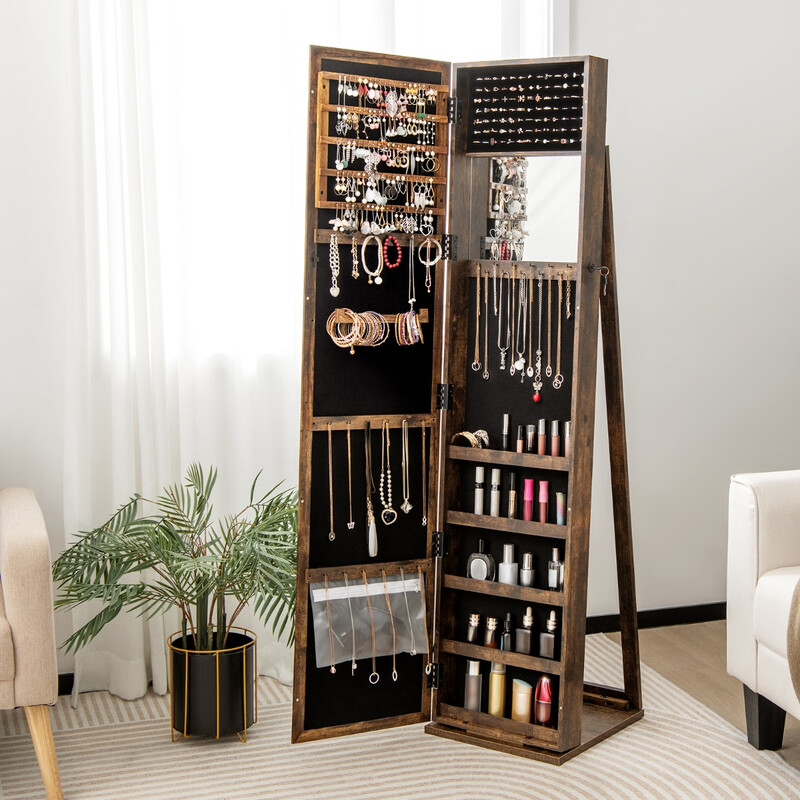 Smyckeskåp med helkroppsspegel och inbyggd make-up-spegel i elegant brun design